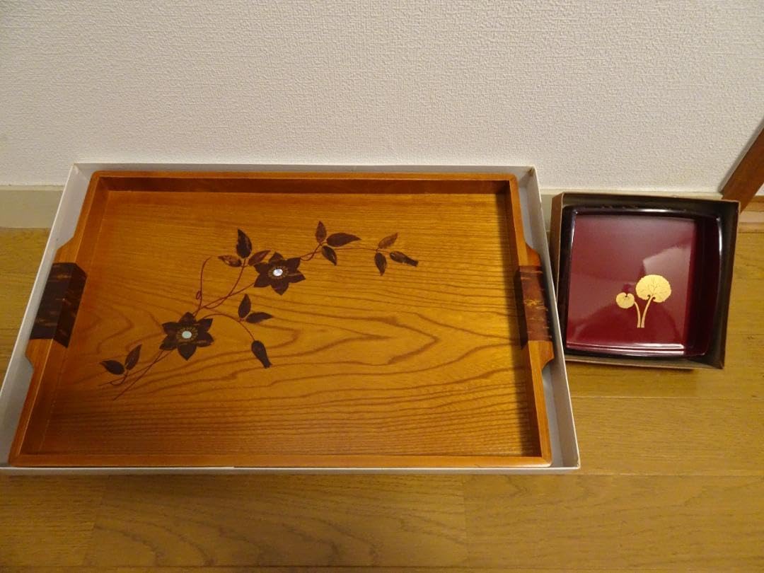 桜皮細工 長盆（欅材の桜皮貝入鉄仙）＆　桜皮細工角鉢　2個セットno-10 桜皮細工 長盆（欅材の桜皮貝入鉄仙）＆ 桜