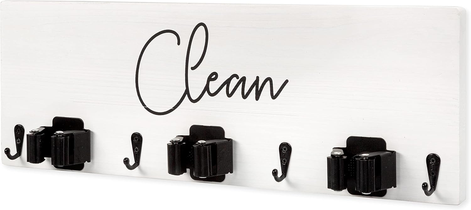 Ilyapa Wall Mount Broom Holder, White Wooden Mop Storage