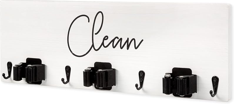 Ilyapa Wall Mount Broom Holder, White Wooden Mop Storage