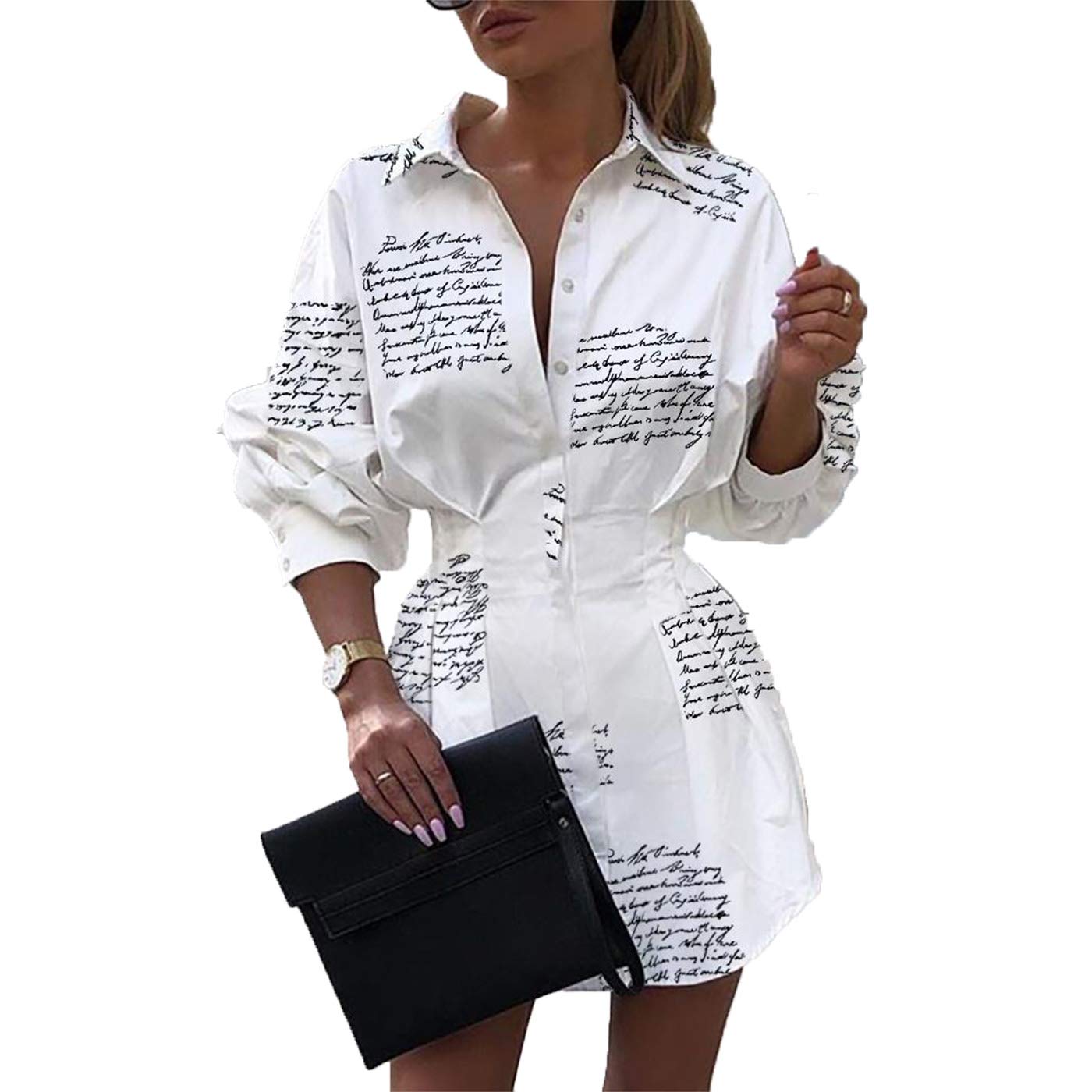 Sexy Mini Shirt Dress for Women - Casual Button Down Blouse Long Sleeve V Neck Belted Shirts Blouse Top Short Dress
