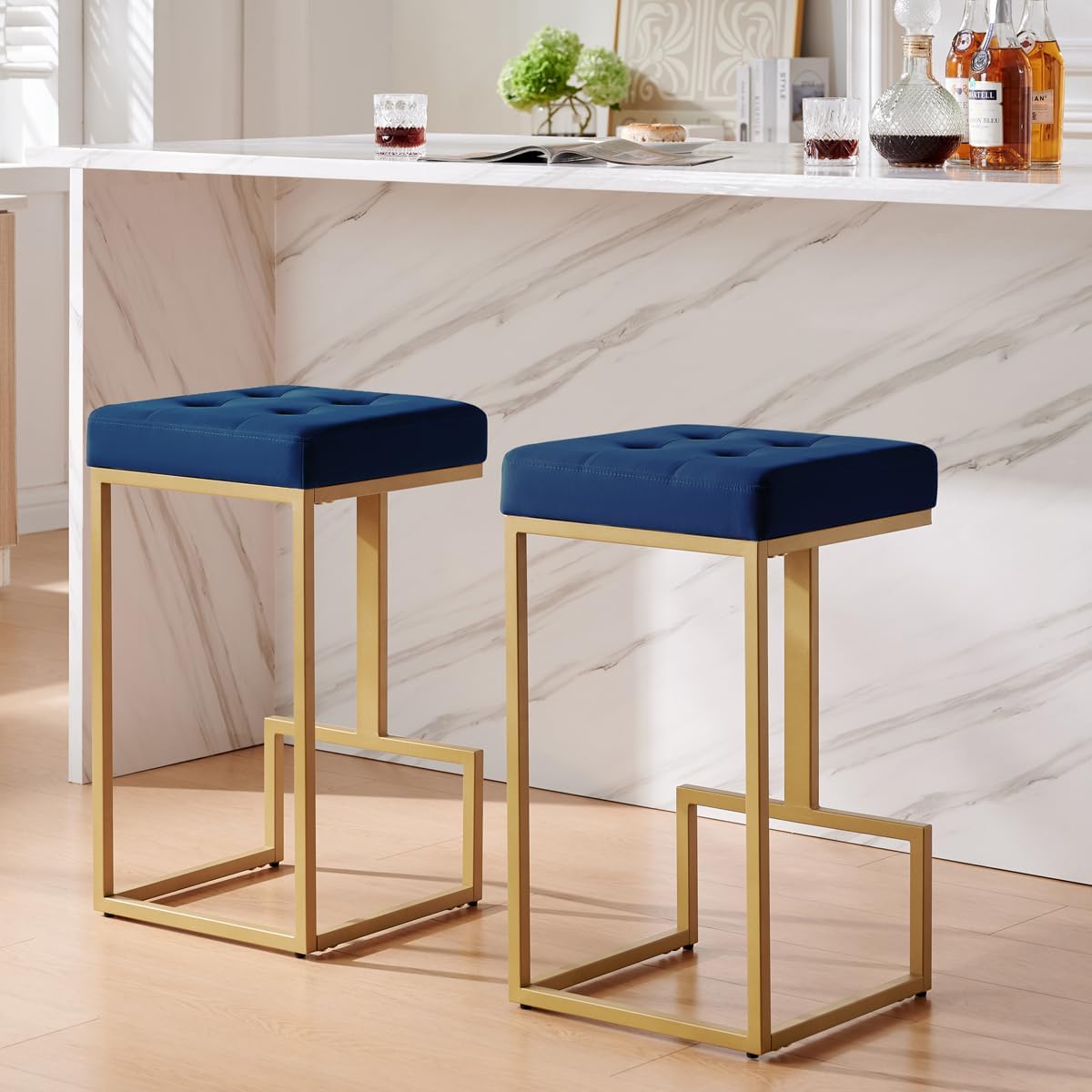 24KF Contemporary Set of 2 Counter Stool for Kitchen Island, 26" H Velvet Padded Gold Barstool Bar Chair,5067-Navy 26"H barstool- 2 pack Navy Velvet/Gold Metal