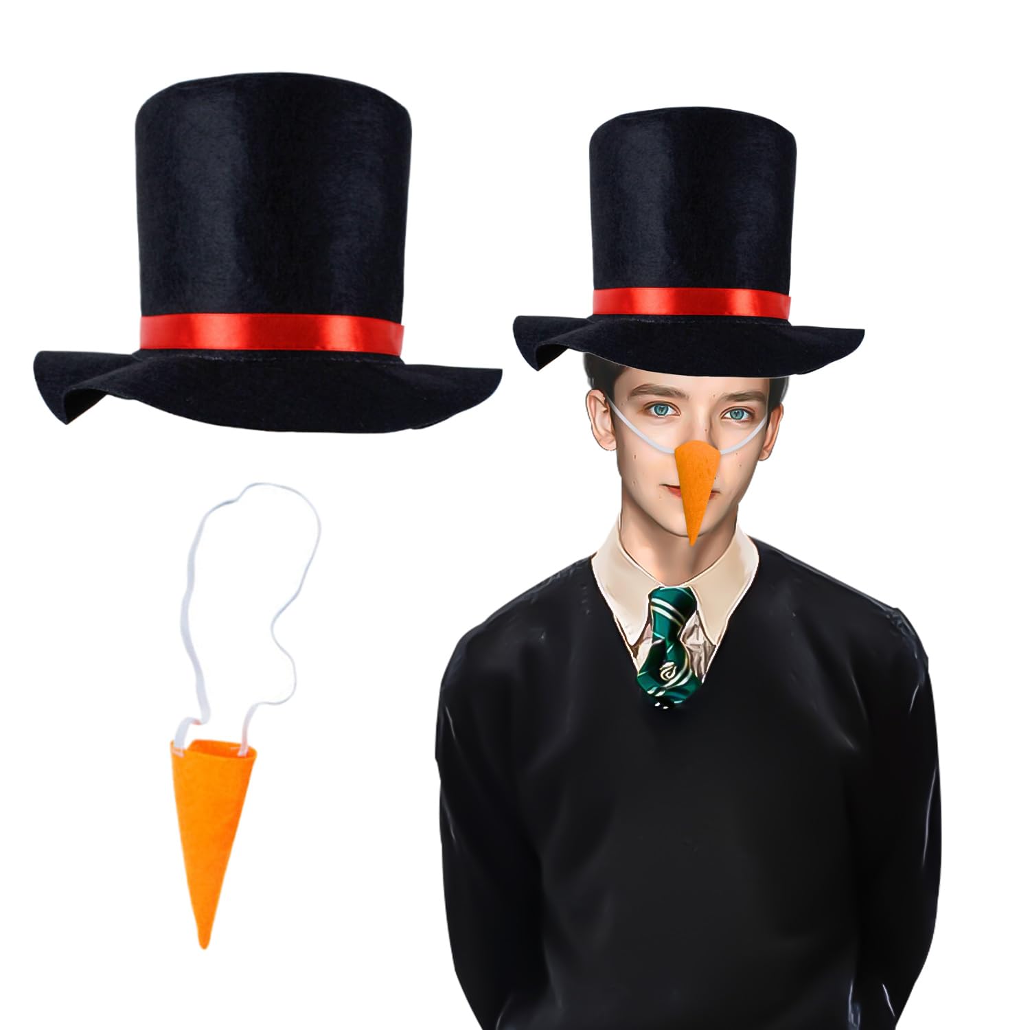 BORFUE 2pcs Snowman Costume Adult Hat with Red Band Carrot Nose Snowman Decoration Christmas Fancy Dress for Christmas Party
