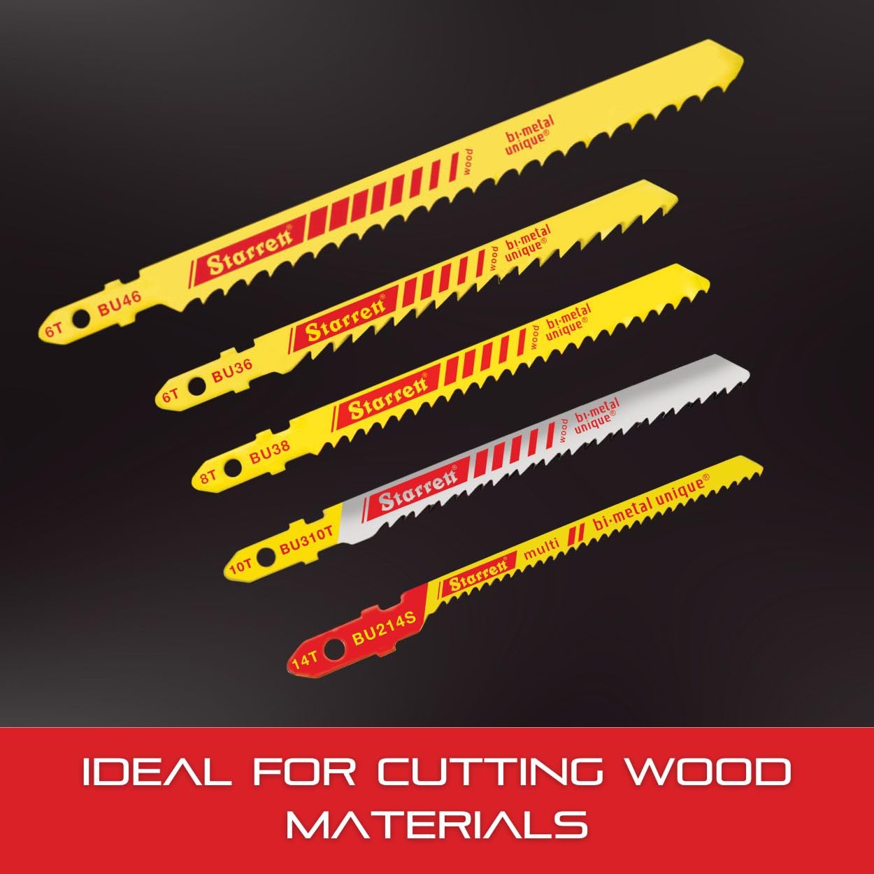 Starrett Bi-Metal Unique Unified Shank Jig Saw Blade Kit - Ideal for Professionals and Do-It-Yourselfers - Includes BU36, BU46, BU38, BU310T and BU214S - BU1