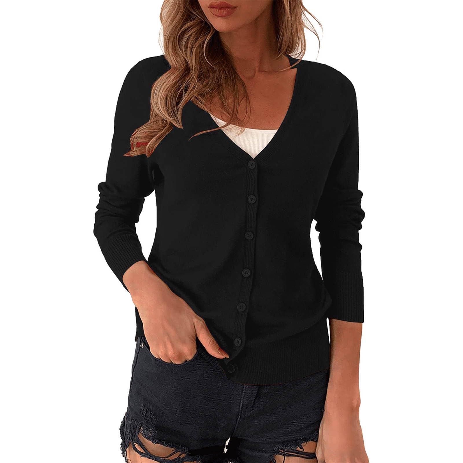 Generisch Cardigans para mujer elegante e informal bolero para tops vestido cárdigan de verano manga larga suéter de punto estrecho transpirable con botones chaqueta camisa con cuello en V ligero