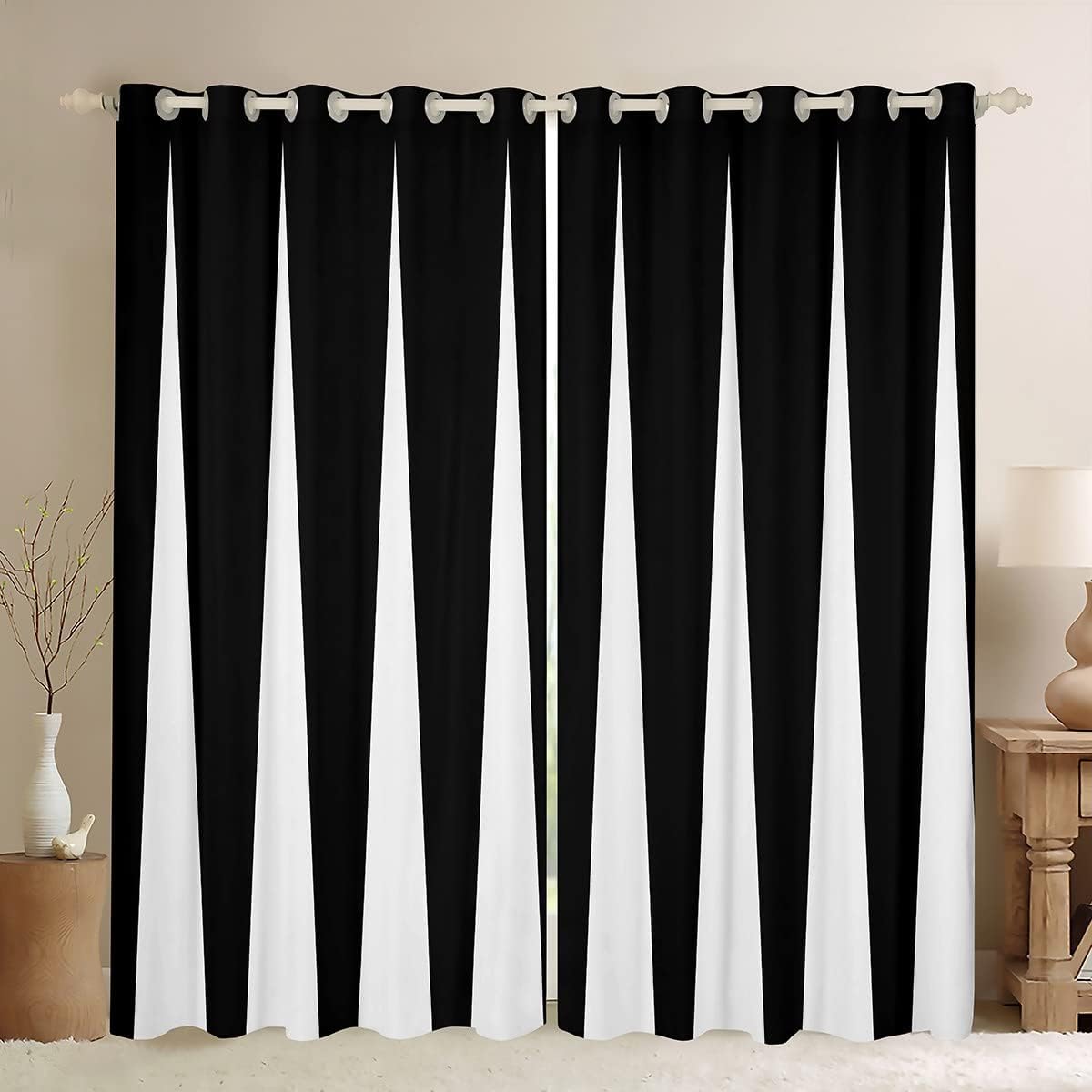 Black and White Triangle Window Curtains Geometric 30%-50% Blackout Curtains for Bedroom Modern Striped Art Window Drapes For Kids Boys Girls Teens Simplistic Window Treatments, 42x84 Inches,2 Panels