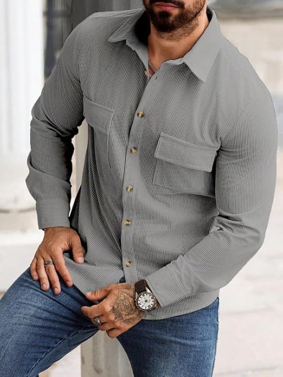 Image of MiraMichi Men's Full Sleeve Corduroy Striped Casual Jacket, Perfect for Everyday Stylish Outfits, Standard Length