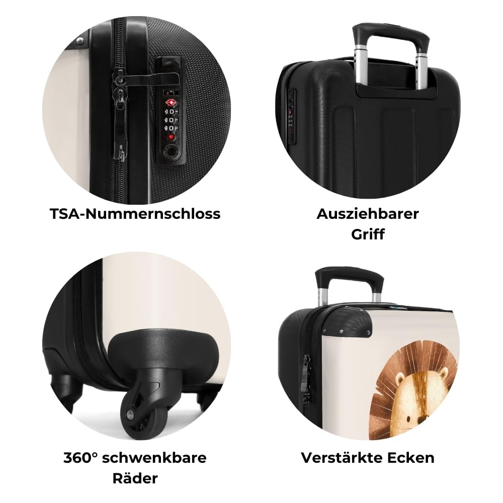 NoBoringSuitcases.com® Handgepäck Koffer Kinder 55x35x20 cm Reisekoffer Kinderkoffer 4 Rollen Leicht Cabin Kindertrolley Reise Hartschalenkoffer Löwe - Niedlich - Beige