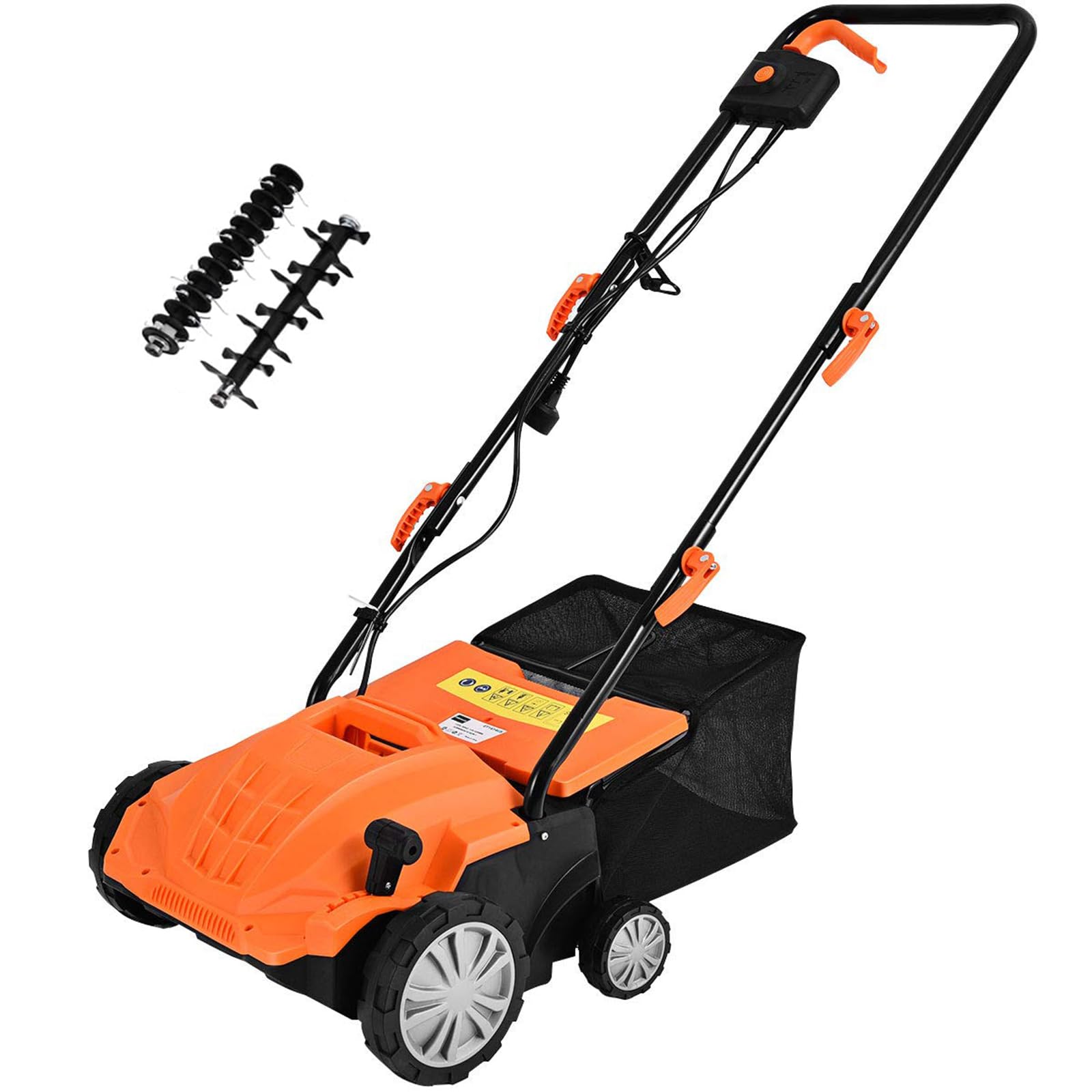 GYMAX Scarificatore Arieggiatore Elettrico, Rastrello, Design 2 in 1, Altezza Regolabile, 30L Sacchetto per la Raccolta dell'Erba, Maniglia Pieghevole (Arancione)