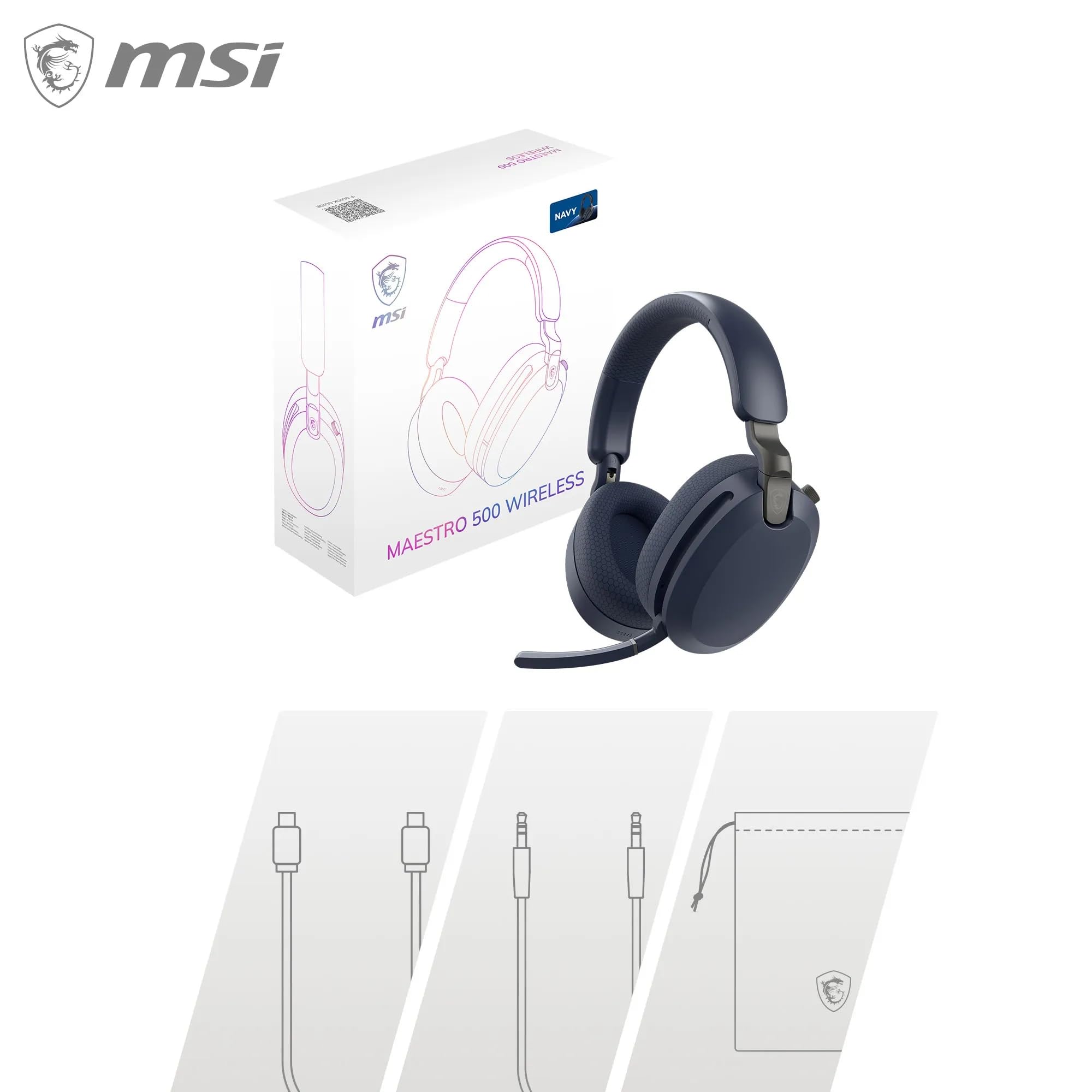MSI Maestro 500 Wireless Navy Casque sans Fil, réduction Active du Bruit, Connexion 2,4 GHz, Bluetooth 5.4 ou Jack 3,5 mm, H-P de 40 mm, Micro rétractable « Flip-to-Mute », autonomie 90 Heures