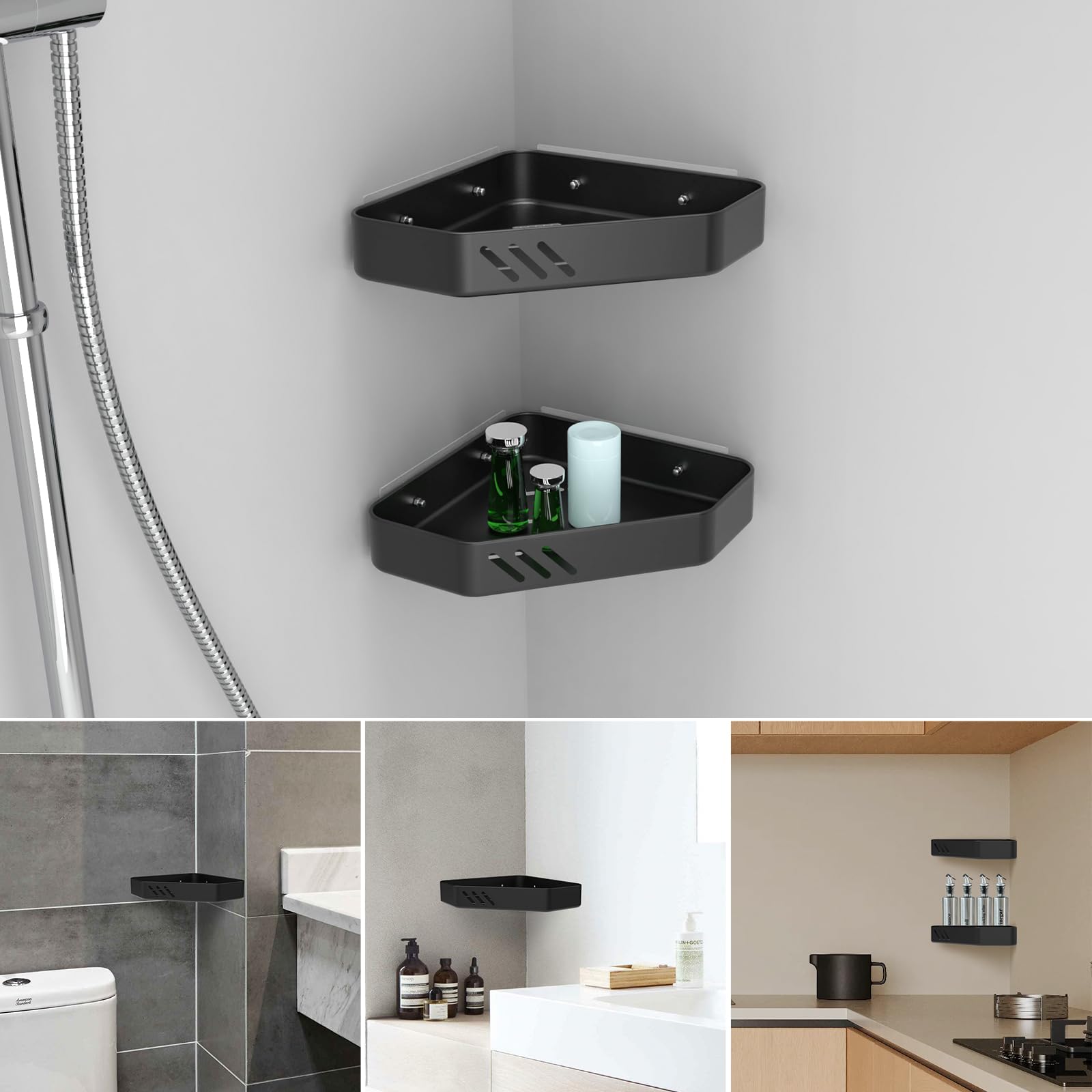 Étagère D'angle De Douche Sans Perçage Ibergrif - 2 Pièces Noir - Aluminium Aéronautique - Design Creux Avec Crochets - Charge Max 10 Kg