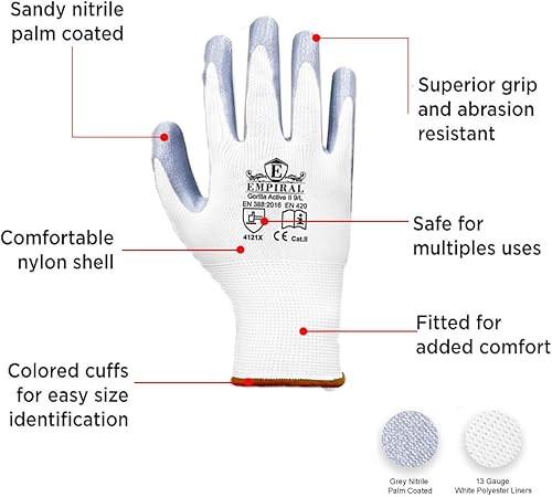 Miniatura 3 de Guantes de trabajo de seguridad resistentes a la abrasión, súper agarre gris nitrilo recubierto de palma, calibre 13 forro de poliéster blanco
