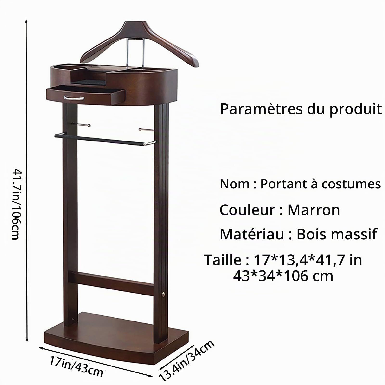 Valet Stand multifonctionnel, porte-vêtements en bois massif avec base et support de pantalon Valet Stand,Valet de vêtements debout au sol
