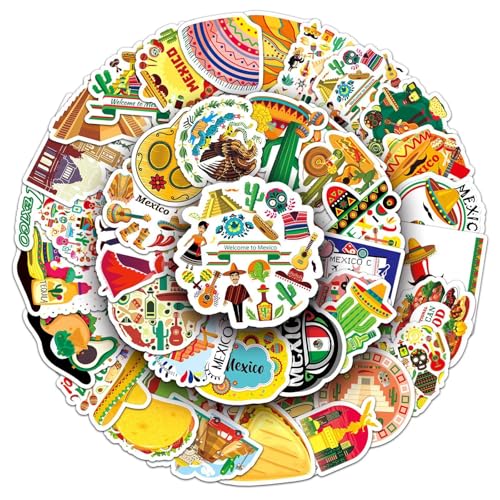 Lot de 50 autocollants Mexique - Pour skateboard, graffiti, moto, vélo, snowboard, bagages, ordinateur portable, voiture, valise pour enfants et adolescents - En vinyle imperméable