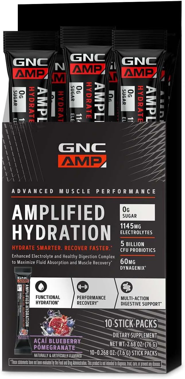 GNC AMP Amplified Hydration Electrolyte Powder Drink Mix | Enhanced Electrolyte & Healthy Digestion Complex | Acai Blueberry Pomegranate | 10 Count
