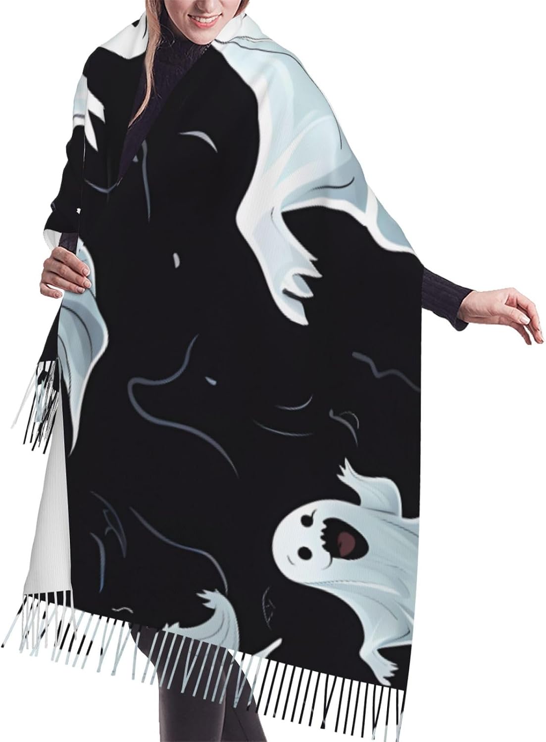 (Funny White Ghost) Women's Soft Warm Scarf Large Plush Shawl Wrap with Fringe Fashion Winter Scarves for Cold Weather