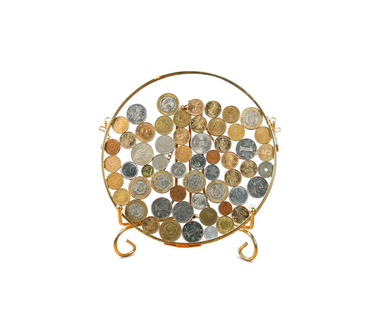 WANLIAN Soporte de exhibición de Monedas con Marco Dorado, Vitrina Redonda para Monedas, Montaje en Pared, Capacidad para hasta 30 Monedas
