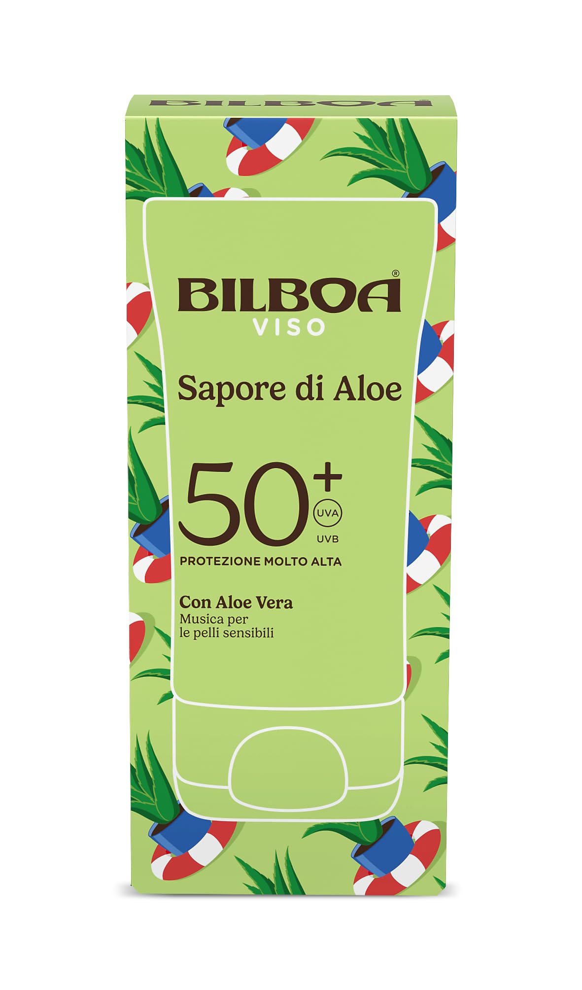 Bilboa, Sapore di Aloe, Crema Solare Viso SPF 50+, Formato Viaggio, con Profumo di Aloe Vera, Ideale per Pelli Sensibili, Texture Fresca e Leggera, Resistente all’Acqua, 40 ml