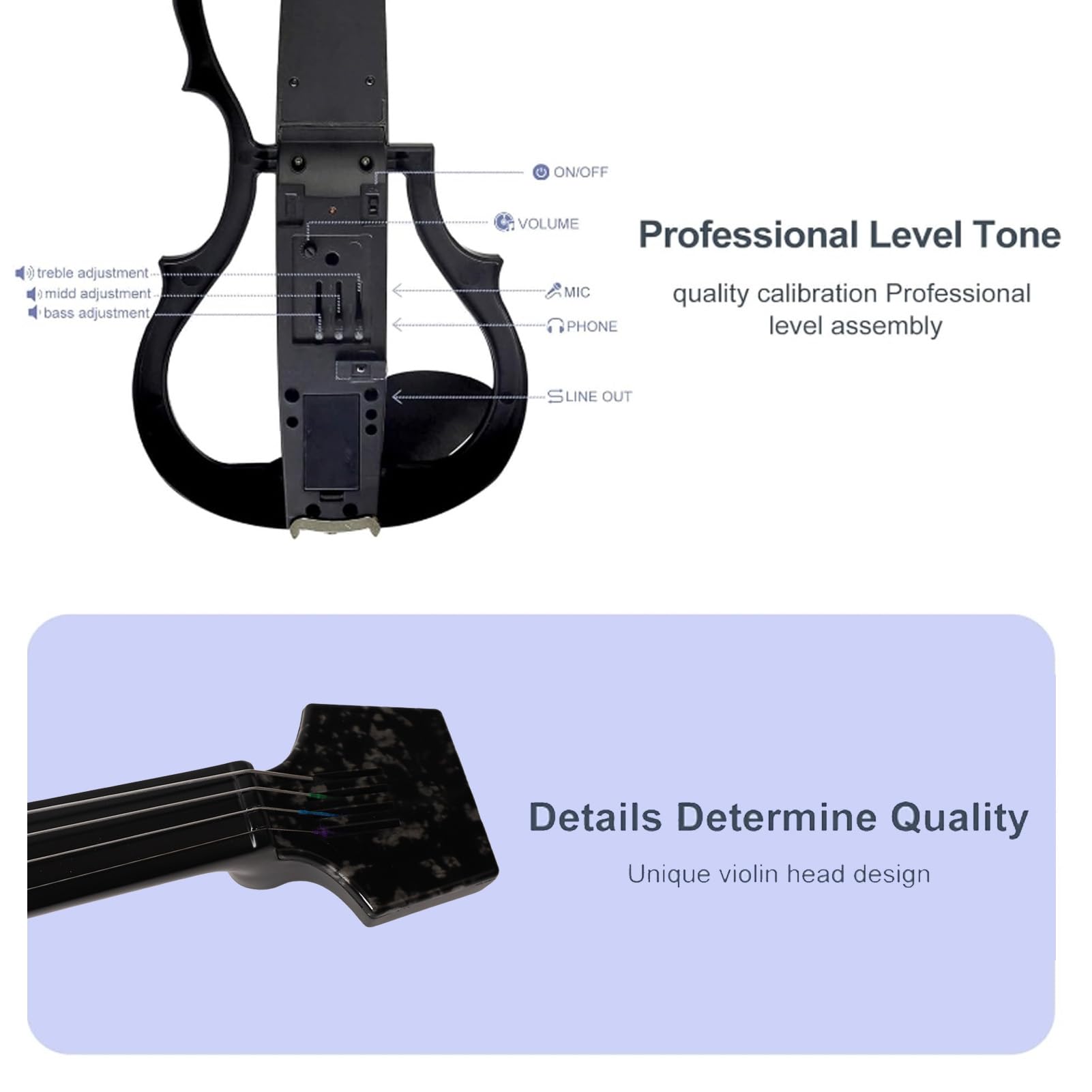 Violino Elettrico Senza Testa, Violino Silenzioso in Fibra di Carbonio con Pickup DV 10B e Jack per Cuffie, per Pratica e Prestazioni Professionali (fiocco di neve)