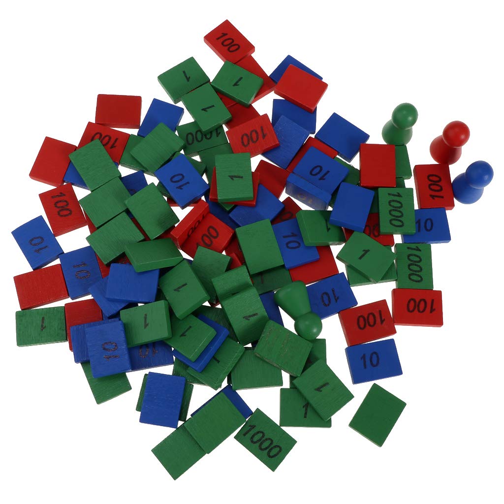 Juego de sellos Montessori de madera, juego de sellos Montessori de 4 piezas y 108 piezas de azulejos de madera etiquetados con 1, 10, 100 y 1000