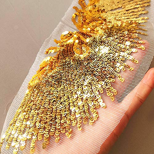 Embroidered Floral Gold Color Rhinestone Sequins Lace Applique Trim Patches Great For Diy Neckline Bodice Wedding Bridal Prom Dress #TOP3