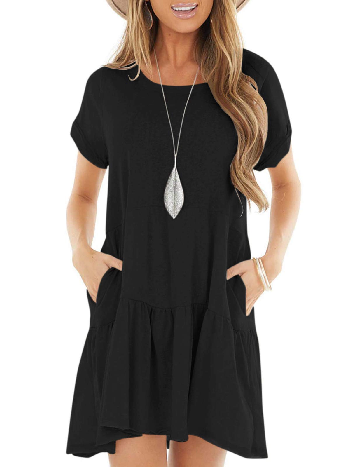 Women Short Sleeve Pocket Casual Plain Flexible Loose Ruffle Swing T-Shirt Dress 2022