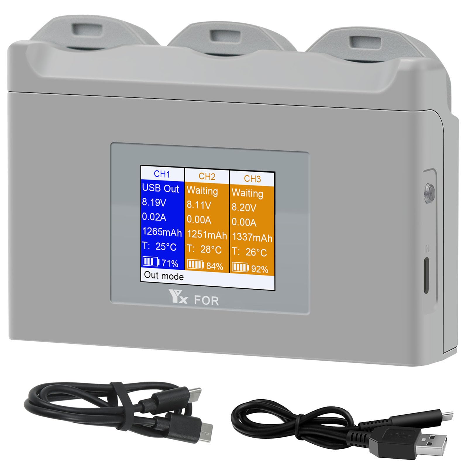 Station de charge de batterie à écran LCD 3 voies avec capacité de stockage et de charge rapide