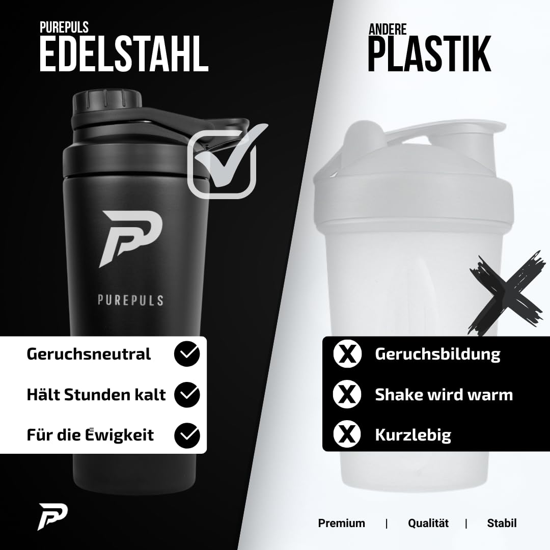 Protein Shaker Edelstahl 750 ml Schwarz — Doppelwandig Isoliert, Auslaufsicher mit Schraubverschluss, Mix-Ball inklusive & Frucht-Infuser, 304 Edelstahl, BPA-frei, Spülmaschinenfest (45°)