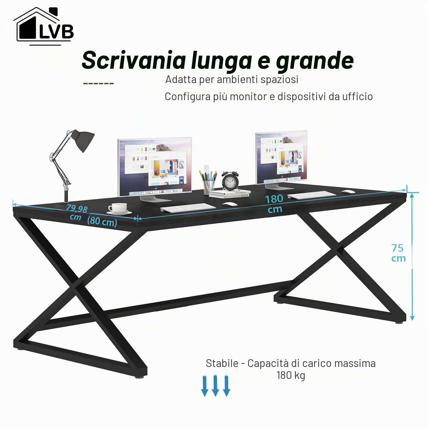 LVB Scrivania Moderna Grande Computer Ufficio Casa Tavolo Lavoro Legno Scrivania per Scrivere Studiare Camera da Letto Semplice Gaming Nero 180 cm