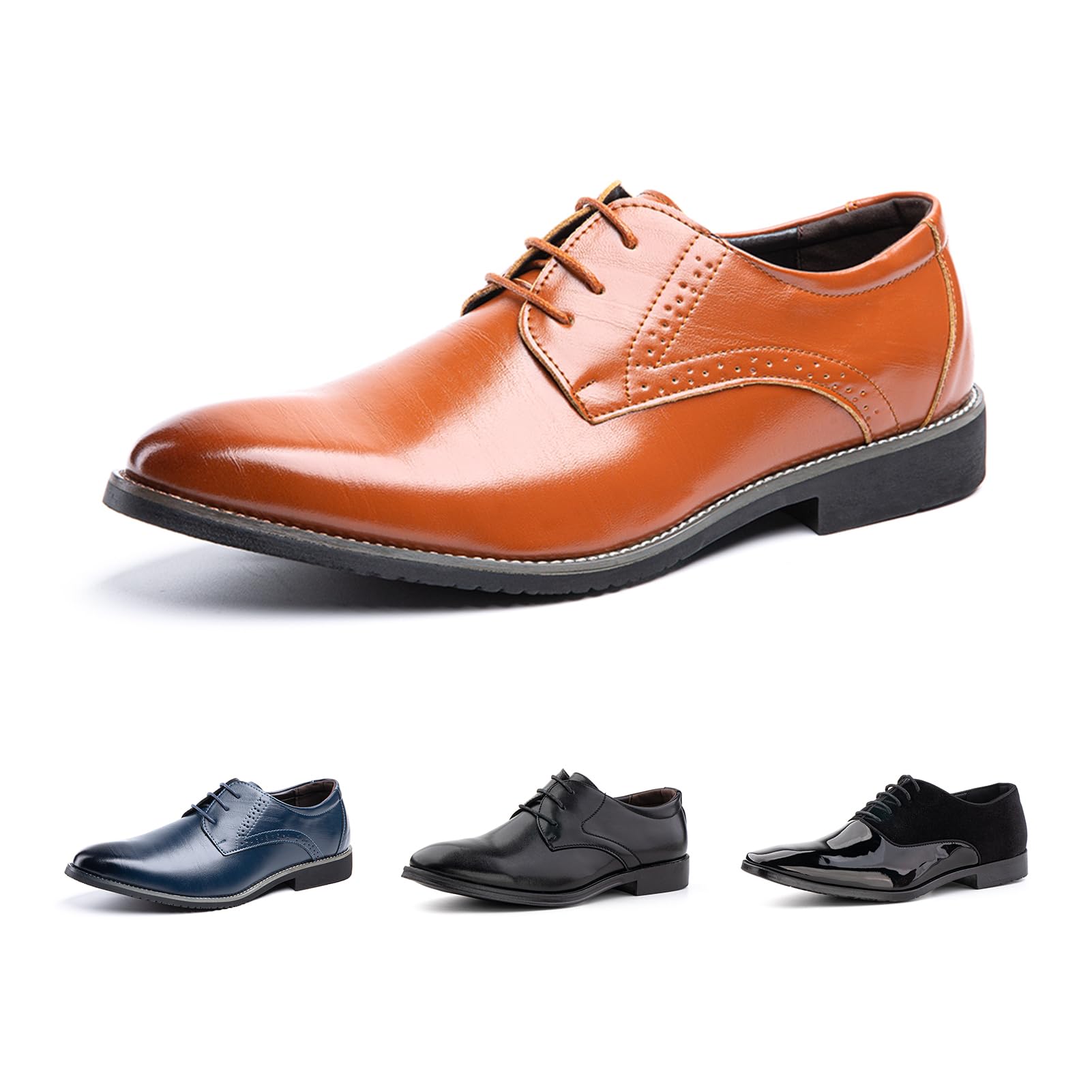 Hitmars Scarpe Stringate Uomo Derby Scarpe Oxford Pelle Verniciata Elegante Scarpe Basse Business Formale Classico Nero Blu Marrone Khaki EU37-EU48