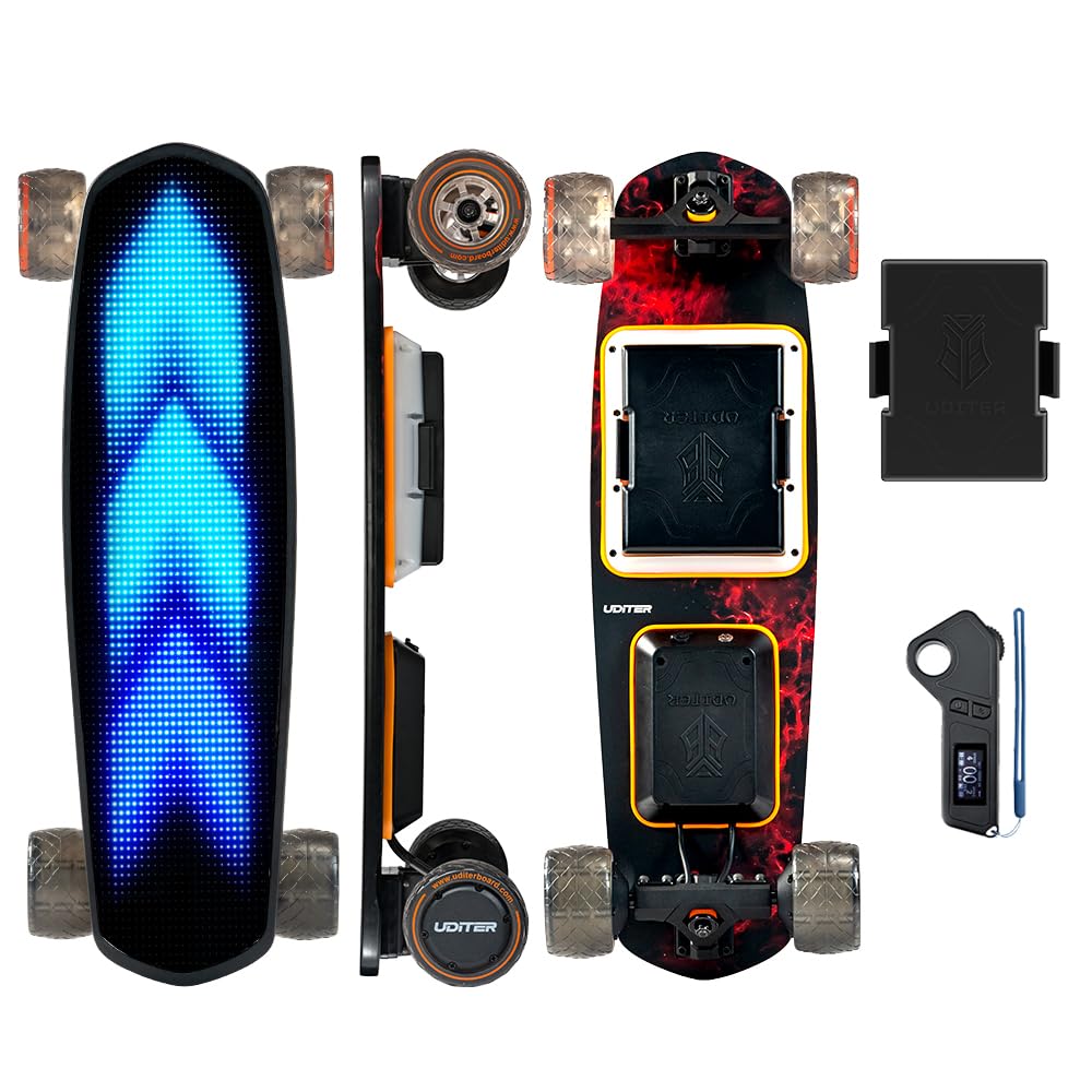 Uditer Pixel Mini Electric Skateboard - LED Screen Deck, DIY App Image Support/28MPH, 13 Miles Range, 2 * 600W Hub Motors/Removable Battery, Ideal for Beginners (Contains 1 Battery)