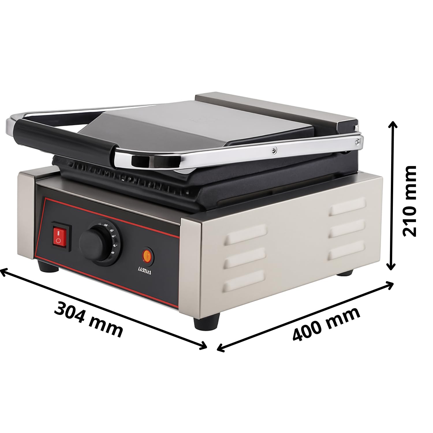 Grill Panini Elettrico Professionale 1800W - Piastre Ghisa Scanalate - Temperatura Regolabile fino a 300°C - Vassoio Grasso Inox - Struttura Acciaio Inox - Piastre 230x220mm - 230V