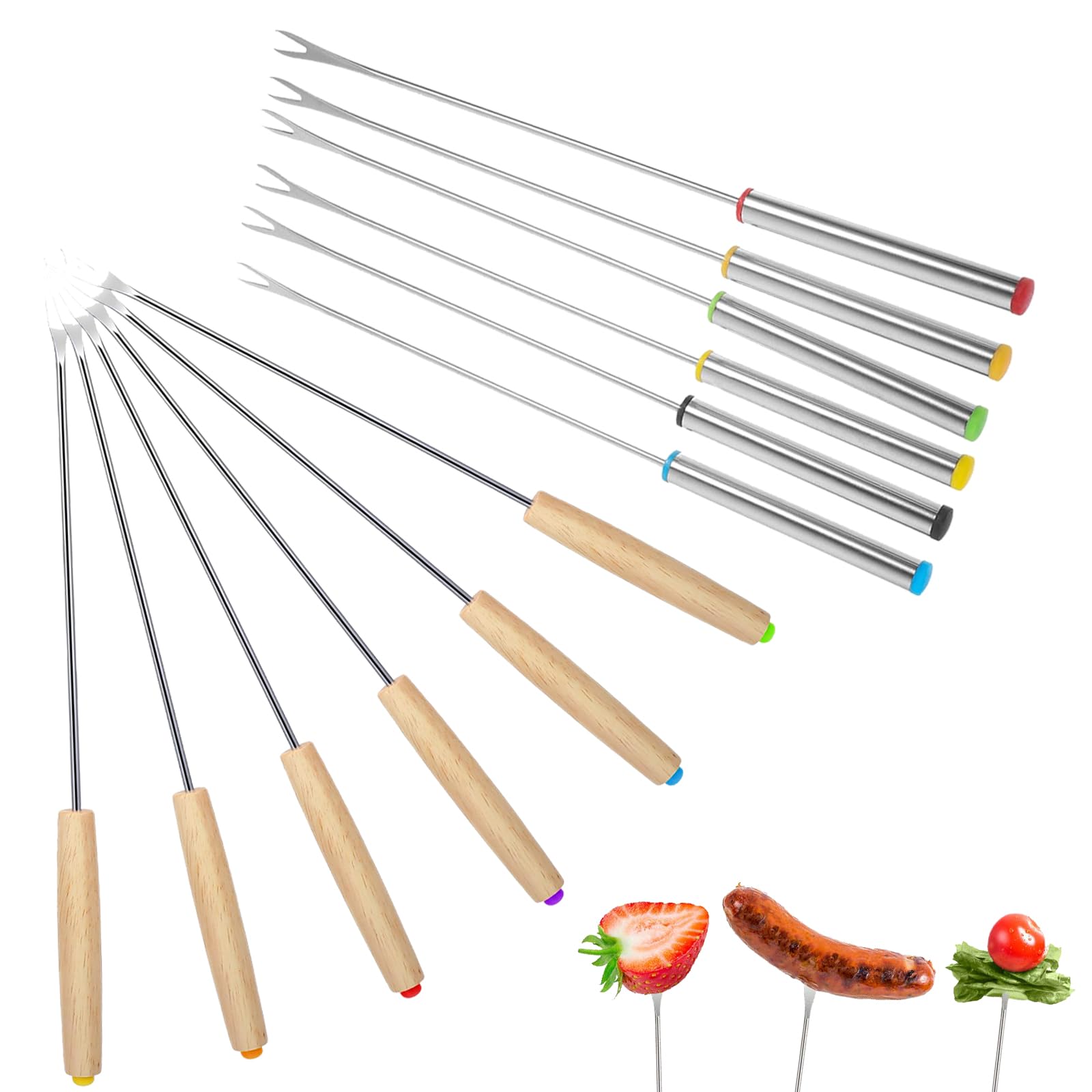 Premium Fondue Forks Set with Steel & Wood Handles - 12 Pcs for Cheese, Chocolate, Smores & Roast Meat - Durable Skewers for Fondue Parties & Gatherings - Fondue Accessories Kit