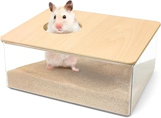 Hamster Sand Bath Container with Wood Cover Dust Bath Litter Box Digging Room Acrylic Shower Bathing Accessories for Gerbil Rat Mice