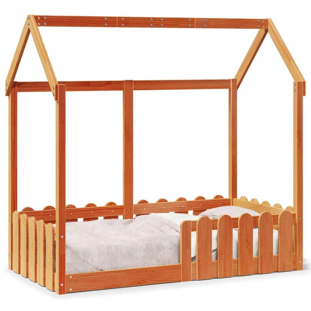 Hothingwell Bettgestell für Kinder, Hausform, Holz, 70 x 140 cm | Massives Kiefernholz, robuste Seitenbarrieren, bodentiefes Design, offenes Dach für Heimwerker, Lattenrost inklusive