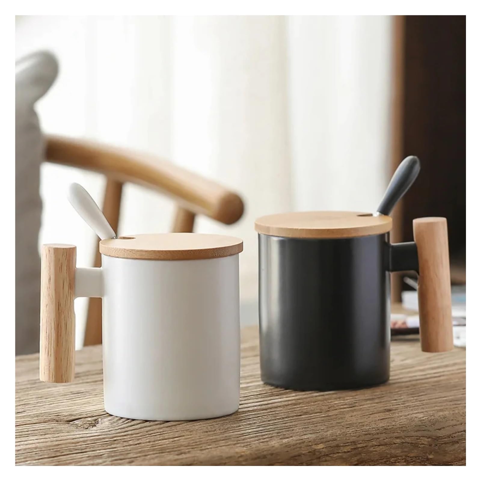 Tasse Mit Deckel 2 stücke 310ml Keramik Holz Griff Kaffee Tasse Mit Deckel Und Löffel Milch Paar der Becher(Black)