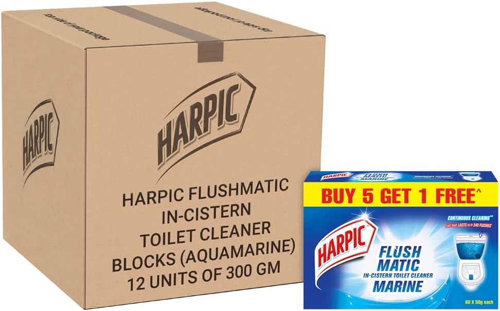 Harpic Flushmatic In-Cistern Toilet Cleaner Blocks, Aquamarine - 300 g (Buy 5 Get 1 Free) (Pack of 12)