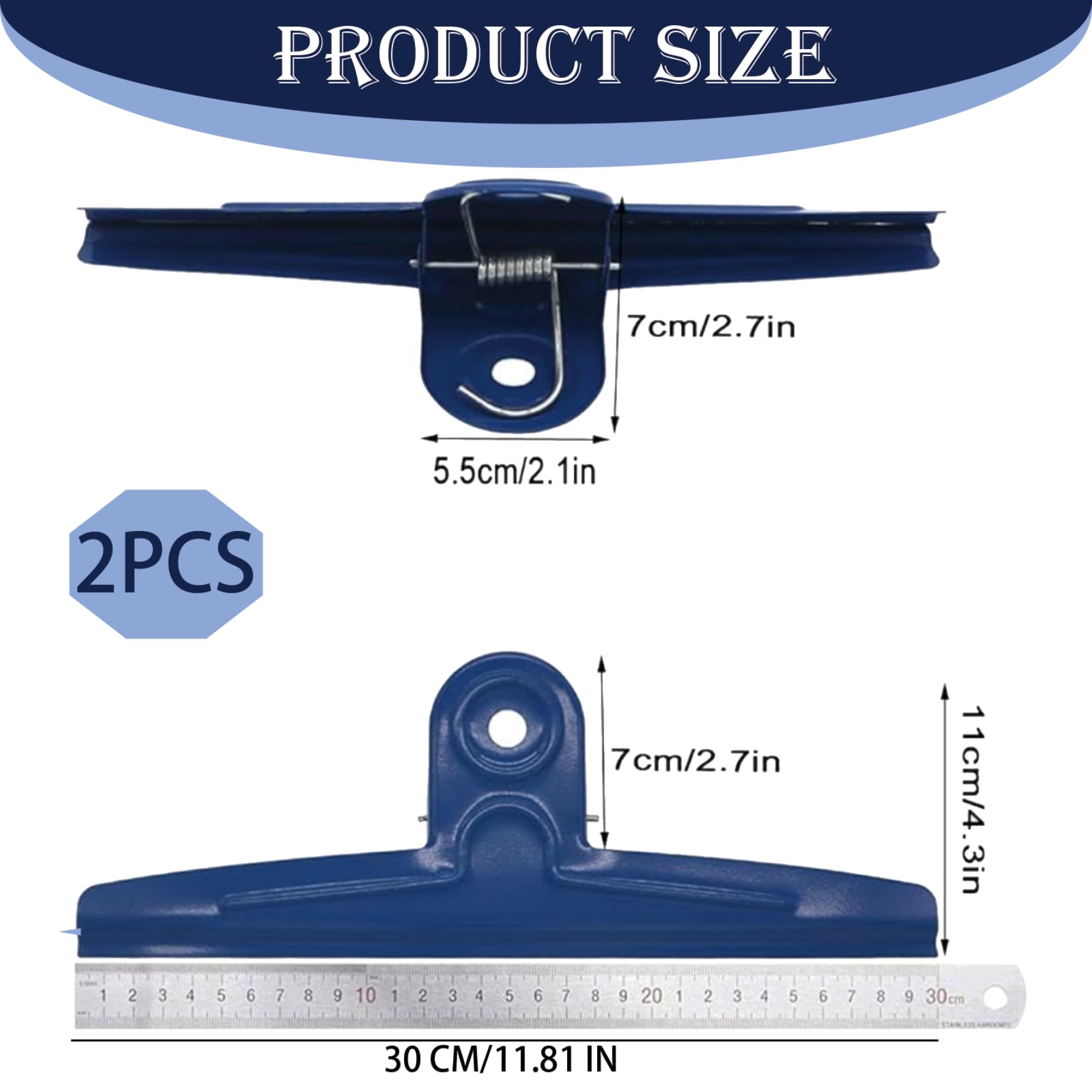 Lot de 2 pinces à sac de 30,5 cm de large en acier inoxydable avec ouverture de 5,6 cm et trombones géants très résistants pour sacs alimentaires, planches à dessin, affiches et plus encore
