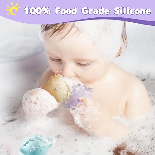 Miniatura 5 de Juguetes de baño de silicona sin moho con botes flotantes para niños pequeños de 1 a 3 años, 10 unidades, juguetes de baño de dinosaurios sin moho