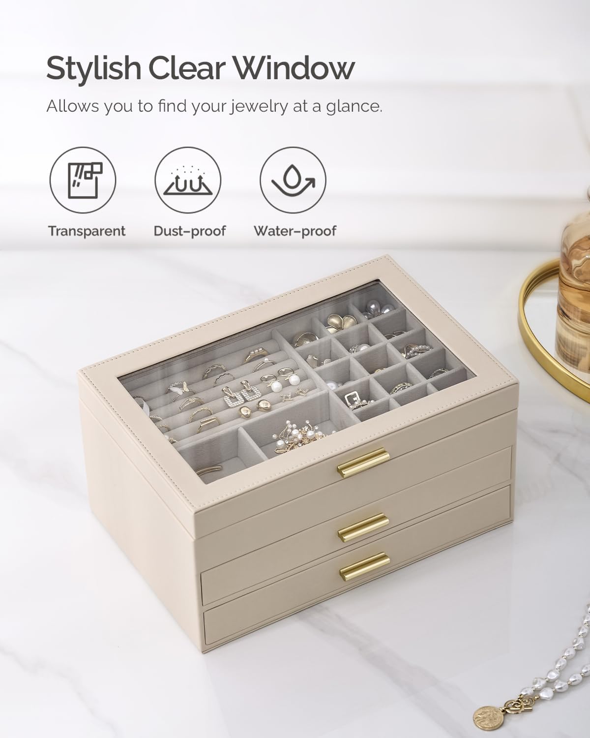 3-Layer Jewelry Box, Clear Lid Jewelry Organizer with 2 Drawers for Necklace Earrings Rings Bracelet Storage, Jewelry Display Box for Women, Beige