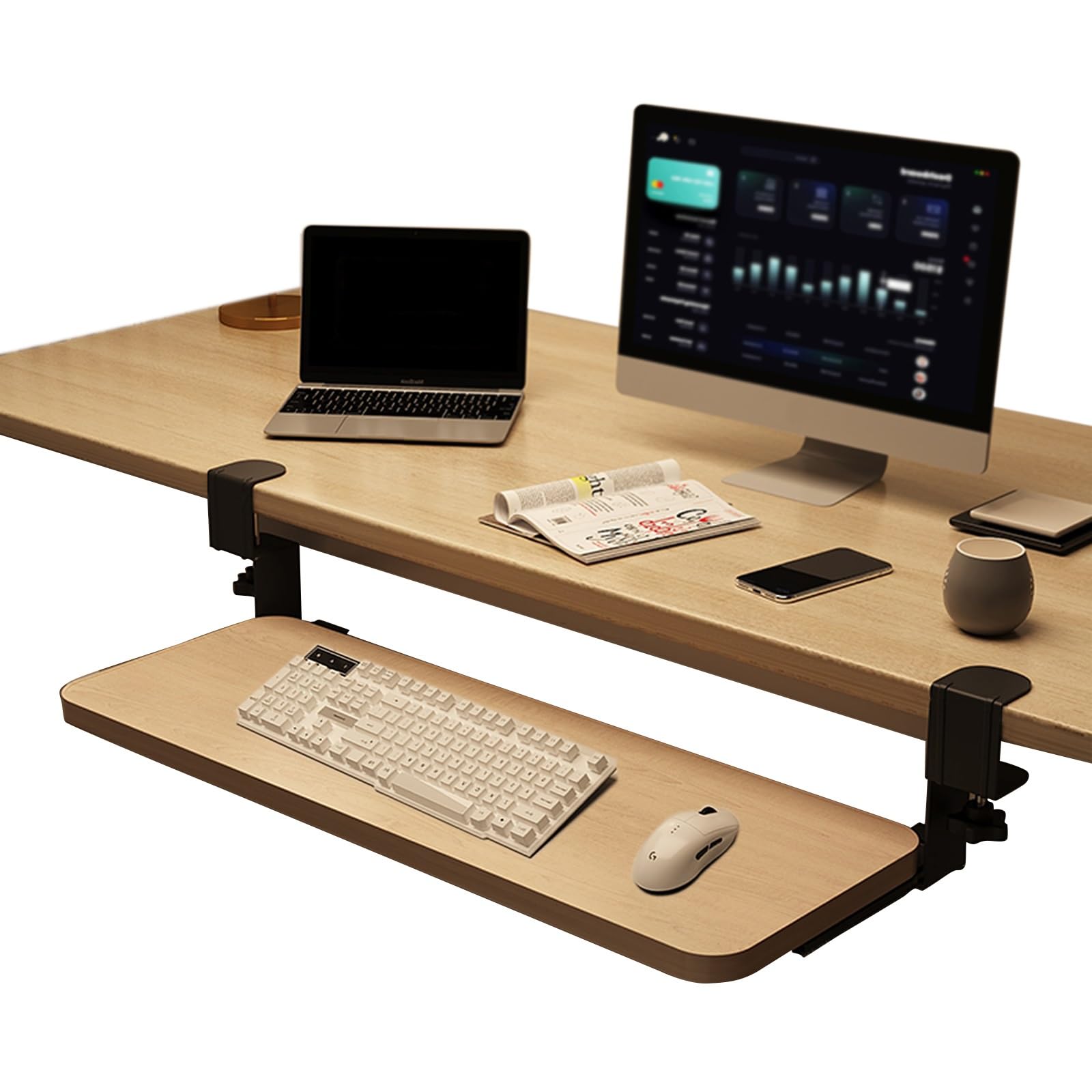 CVJdfhRE desk extender， Computer Desk Keyboard Tray under Sliding Shelf,Pull-Out Mouses Storage Drawers Holder(Wood,75 * 24Cm)