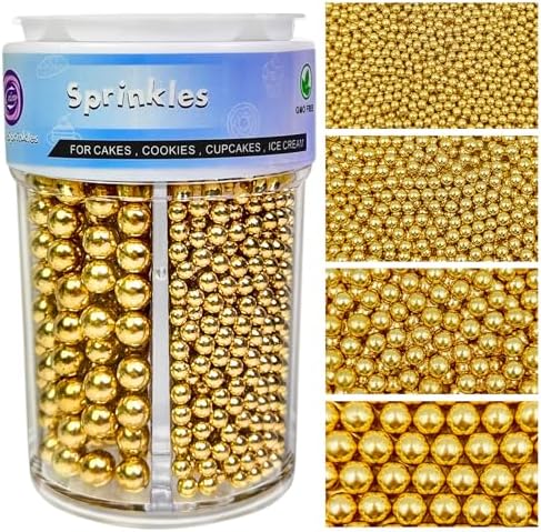 Gold Sprinkles for Cake Decorating, 4 Sizes Pearl Sprinkles Mix 7.7Oz for Cake Cupcake Ice Cream Donuts Cookie Baking Toppings