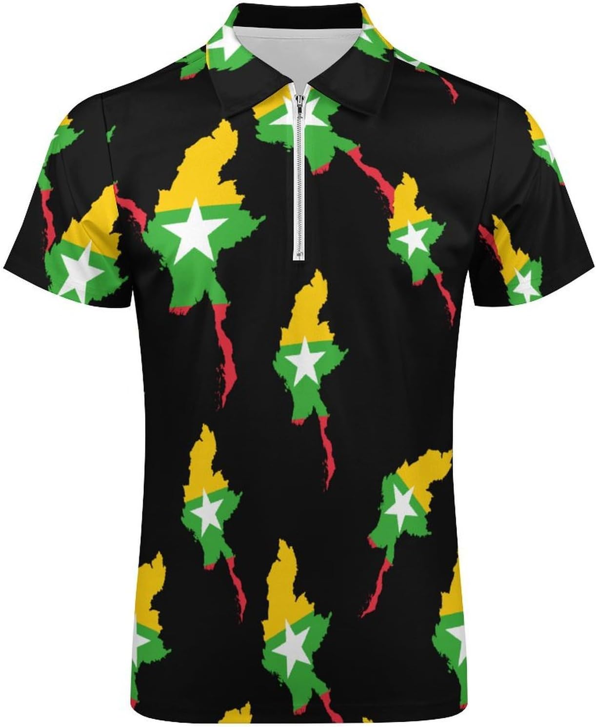 Myanmar Map Flag Polo Shirts for Men Short Sleeve Athletic Golf Tees Tops | Casual Summer Zippered V Neck Mens T-shirts Sports Quick Dry Tennis