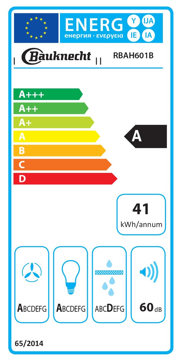 Bauknecht RBAH601B Dunstabzugshaube Flachschirm 60 cm LED 3 Leistungsstufen Energieeffizienzklasse A