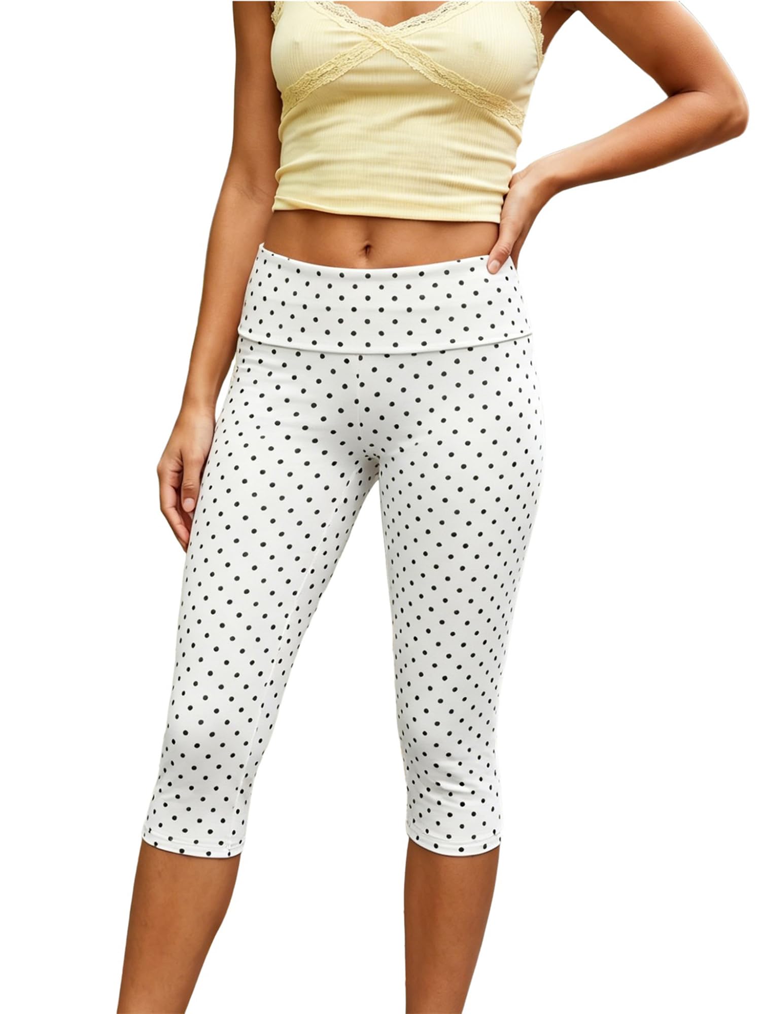 SANSIWU Women Fold Over Polka Dot Capri Leggings Stretch Slim Yoga Cropped Pants (A-White, S)
