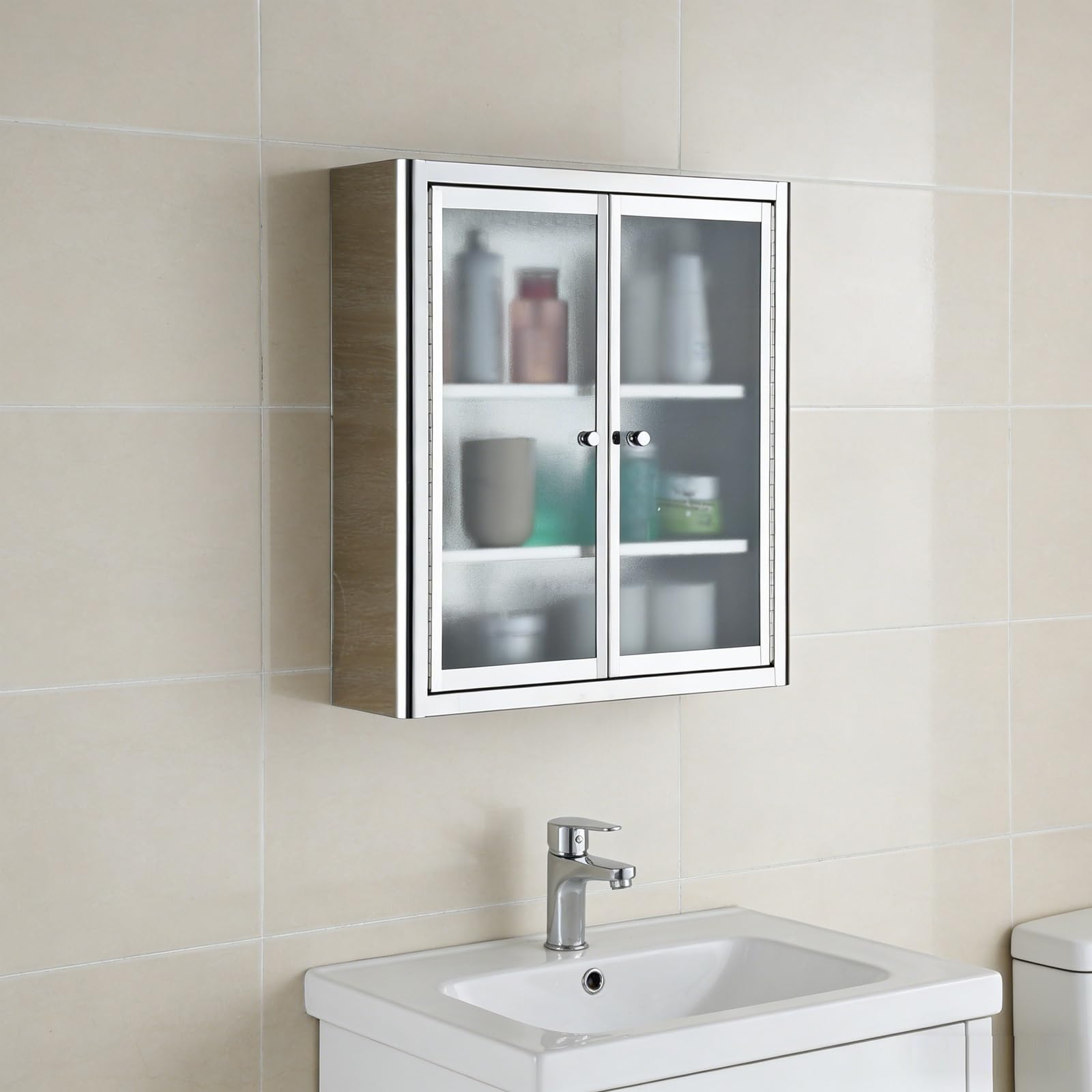 Wall Mounted Stainless Steel Sto Cabinet No Assembly Required Mcine Cupboard & Kitchen For Bathroom & Ga,Glass Door-65*20*45Cm/25.5*7.8*17.7In,Glass Door-65*20*45cm/25.5*7.8*17.7in
