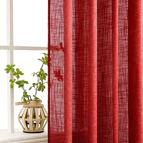 MIULEE Red Kitchen Curtains 24 Inch Length 2 Panels, Soft Thick Linen Textured Semi Sheer Light Filtering Short Cafe Tier Curtains for Small Half Window Back Tab Rod Pocket Christmas Decor