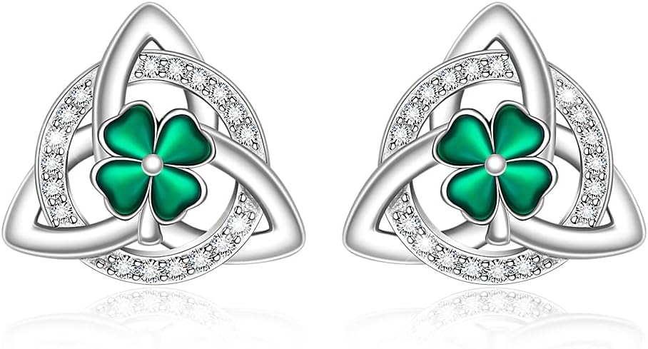 Shamrock Earrings Stud St Patricks Day Earrings for Women Sterling Silver Four Leaf Clover Celtic Good Lucky Irish Gifts