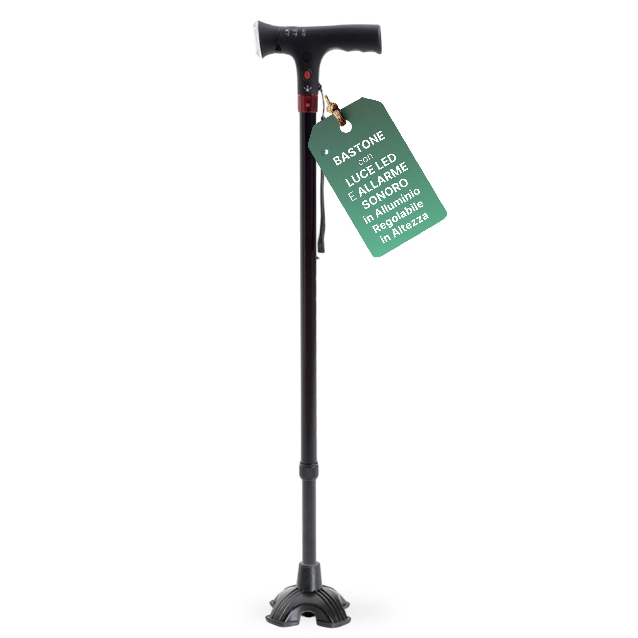 Bastone per Anziani in Alluminio con Luce Led e Allarme Acustico, Bastone da Passeggio con Impugnatura Ergonomica, Regolabile H. 74-96cm