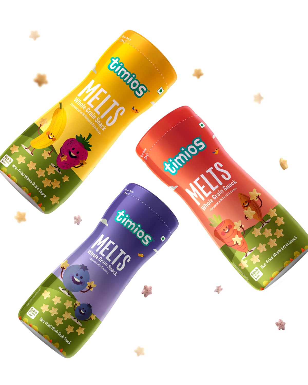 Timios Melts Wholegrain Preservative Free Teething Puffs for Kids, Carrot & Cumin, Banana & Strawberry and Blueberry, Rich in Iron &Fiber, Travel Friendly, Healthy Snacks for Kids, Pack of 3, 50g Each