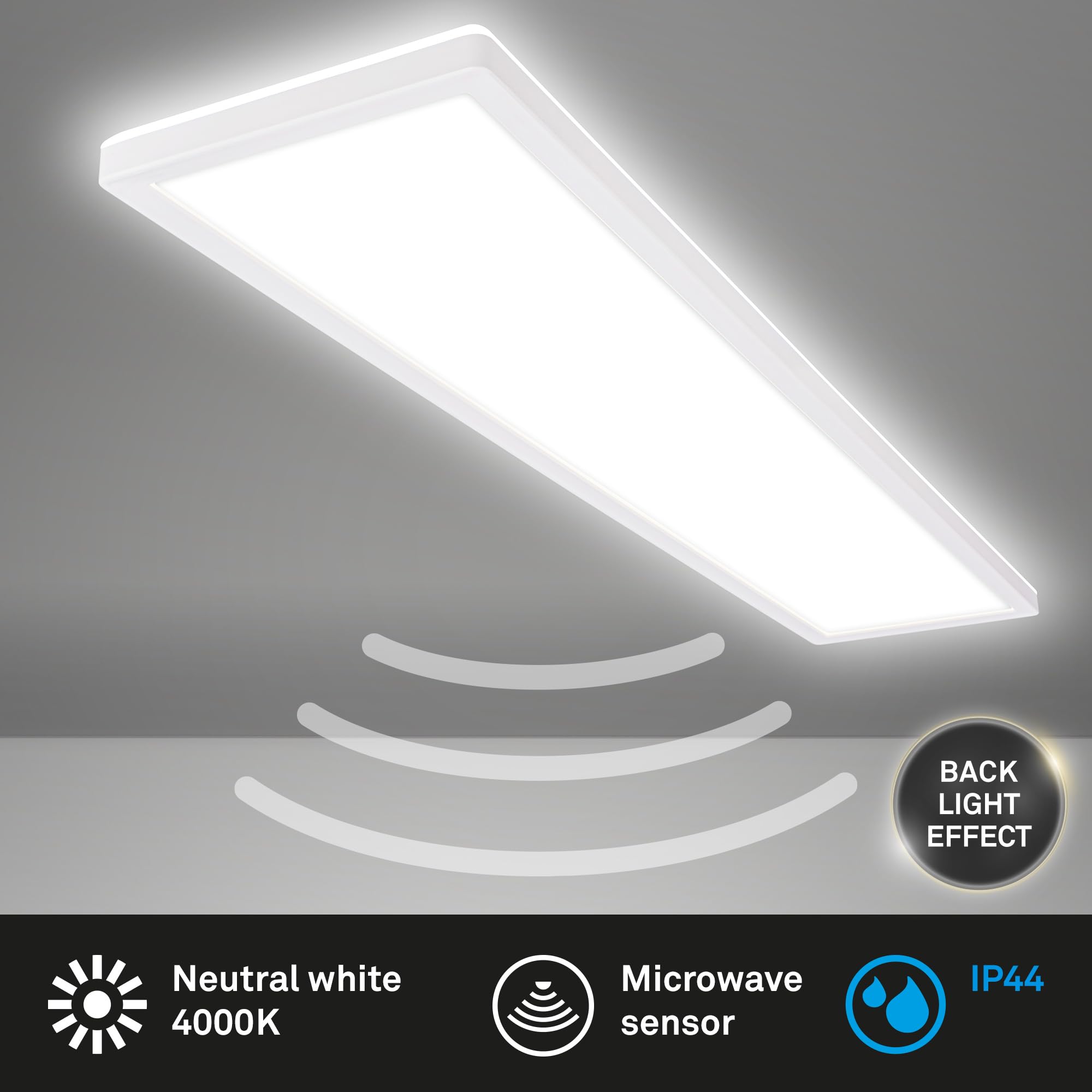 BRILONER - LED Deckenlampe mit Bewegungsmelder, 98x20x3cm, flach, IP44 Spritzwasserschutz, Deckenleuchte, LED Panel, Badlampe, Badezimmerlampe, Küchenlampe, Feuchtraumleuchte, Weiß